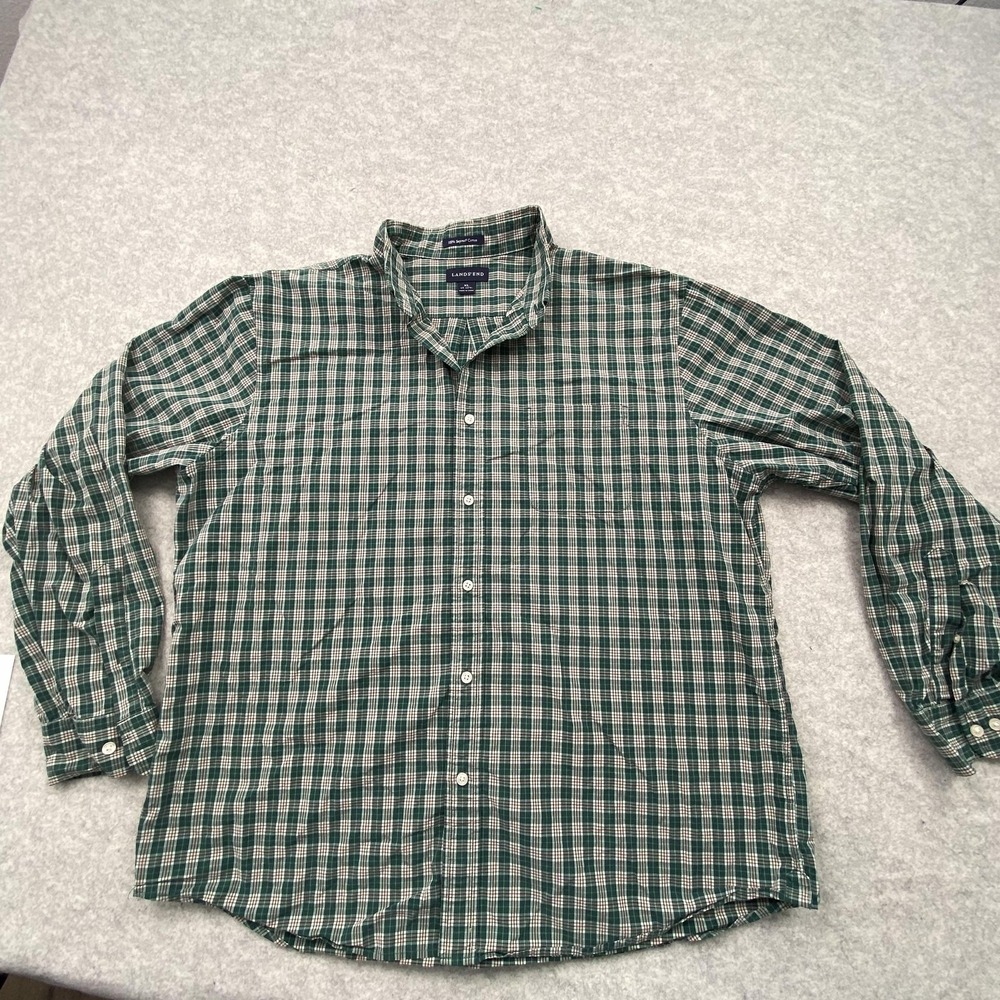 Lands' End Shirt Mens XL Green Plaid Supima Cotton Long Sleeve Button Up Casual